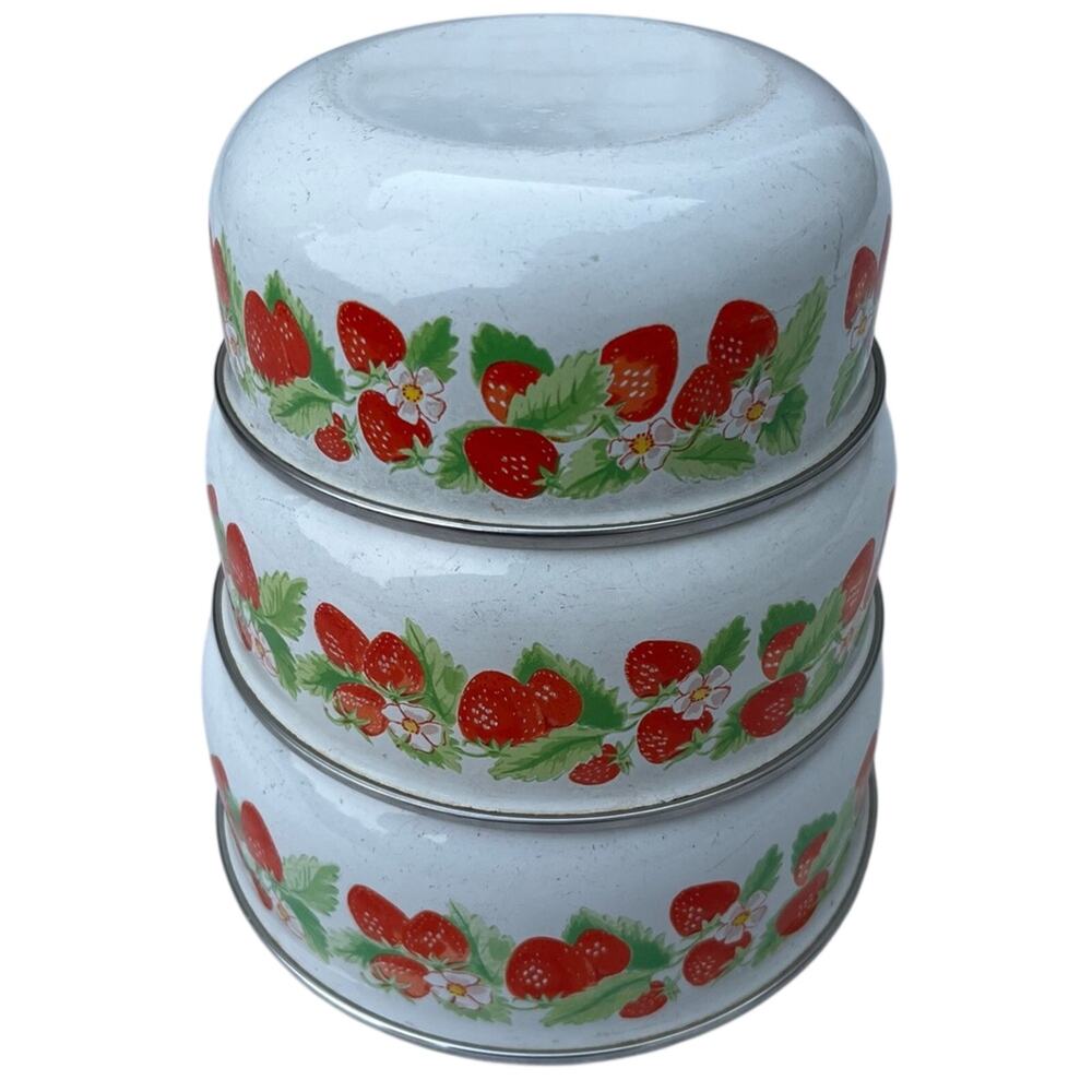 Vintage White Enamel strawberry nesting bowls set of 3